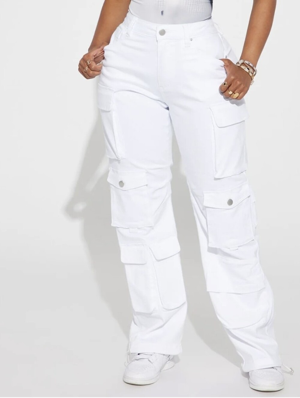 Fashion Nova High Rise Stretch  Cargo Pocket Wide-Leg Pants White size 15 NEW